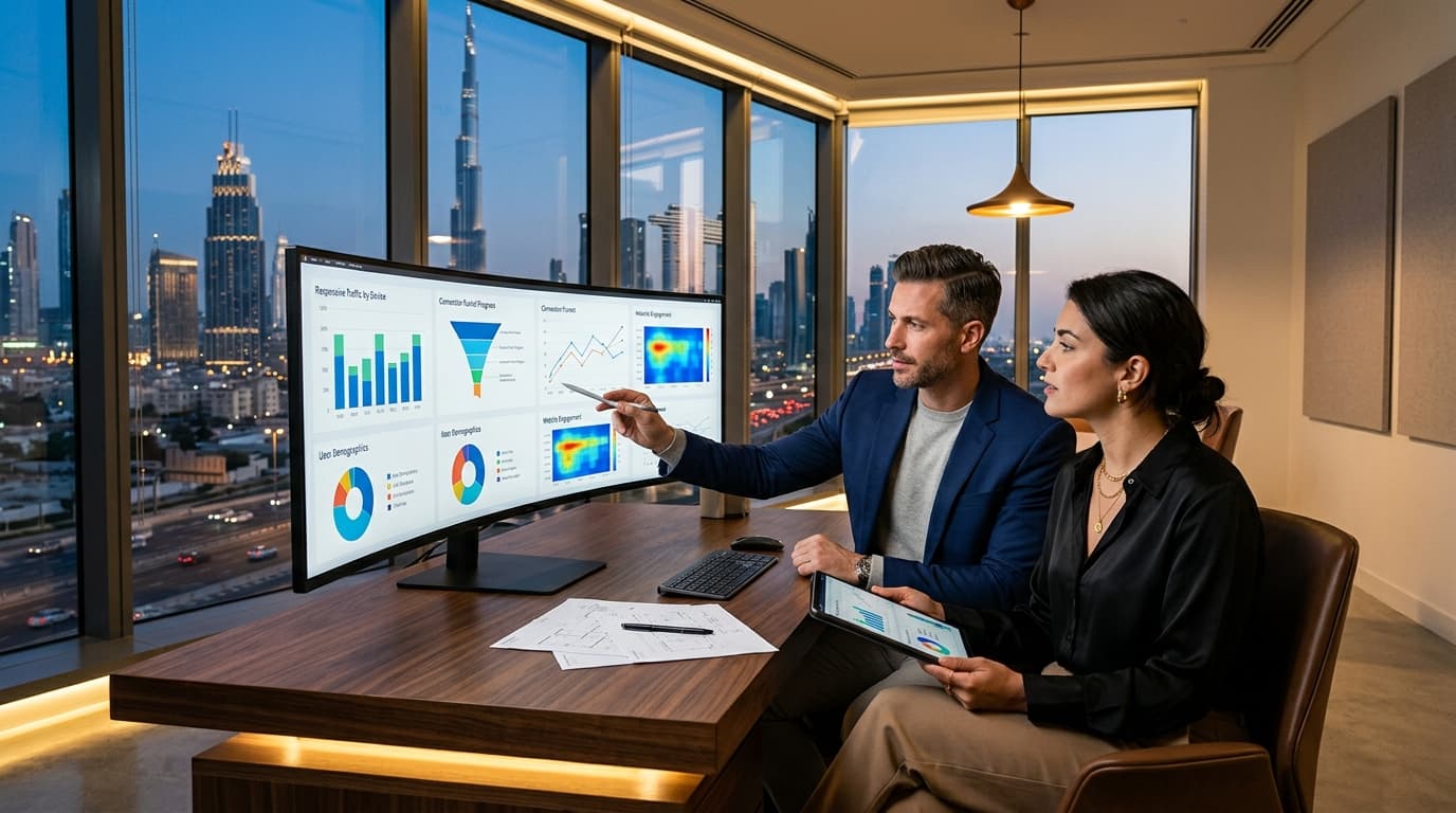 Executive business leaders reviewing responsive website analytics and conversion wireframes